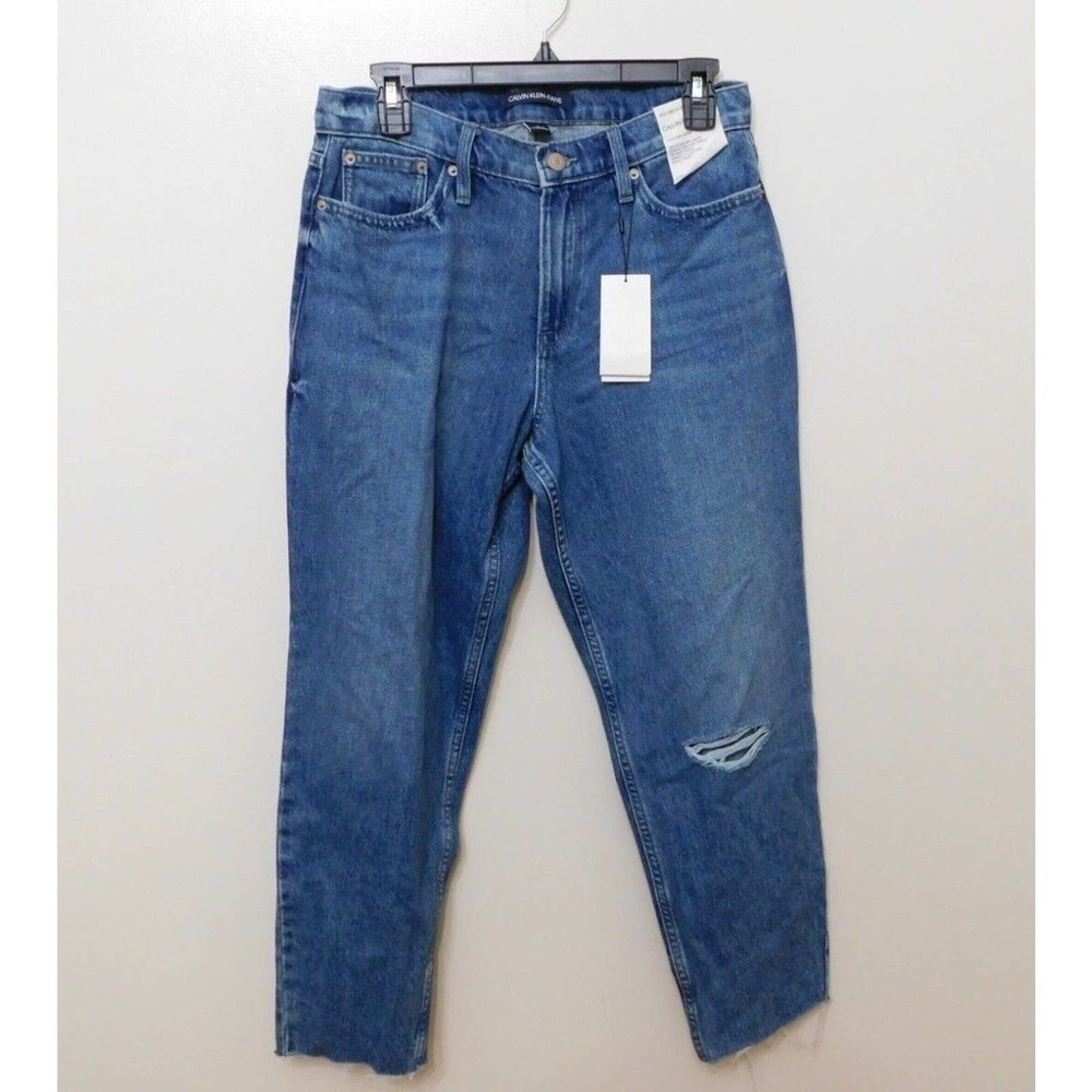 JR481 Calvin Klein Jeans Ripped High-Rise Mom-Fit Cotton Ankle Jeans Size 30